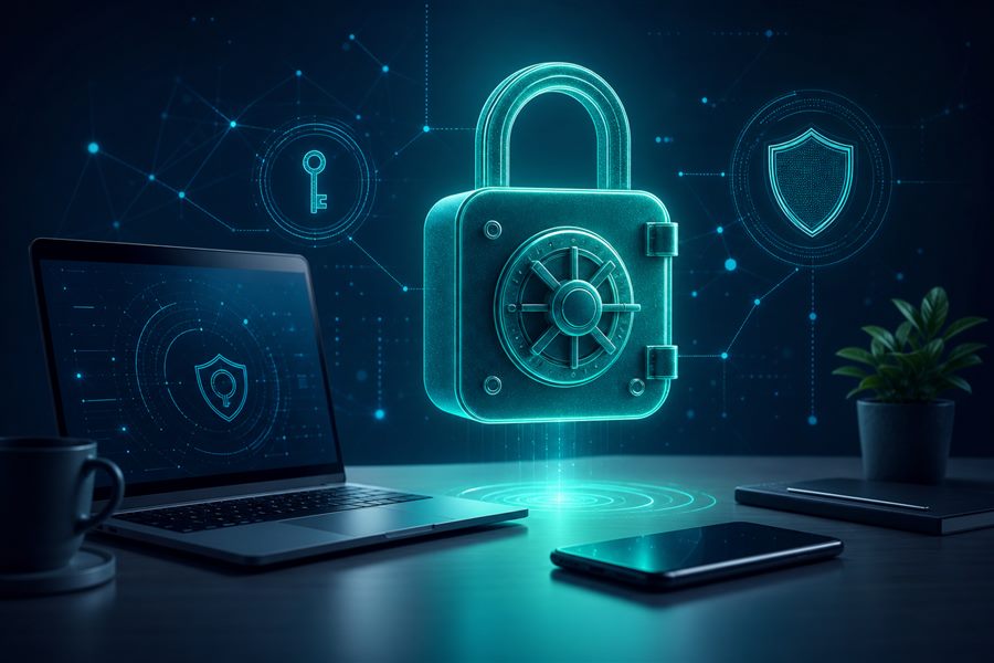 Digital password vault and security concept on a desk