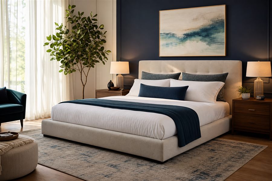 Beautifully styled modern bedroom with upholstered bed and nightstands
