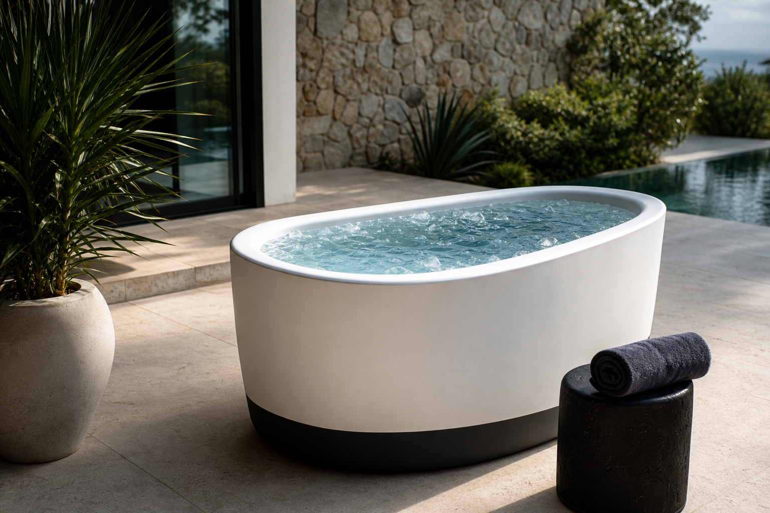 Home cold plunge tub on a patio for recovery