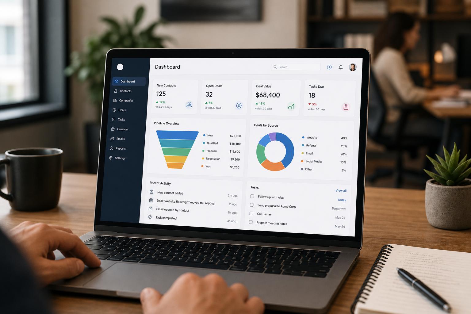 CRM software dashboard on a laptop in a small business office