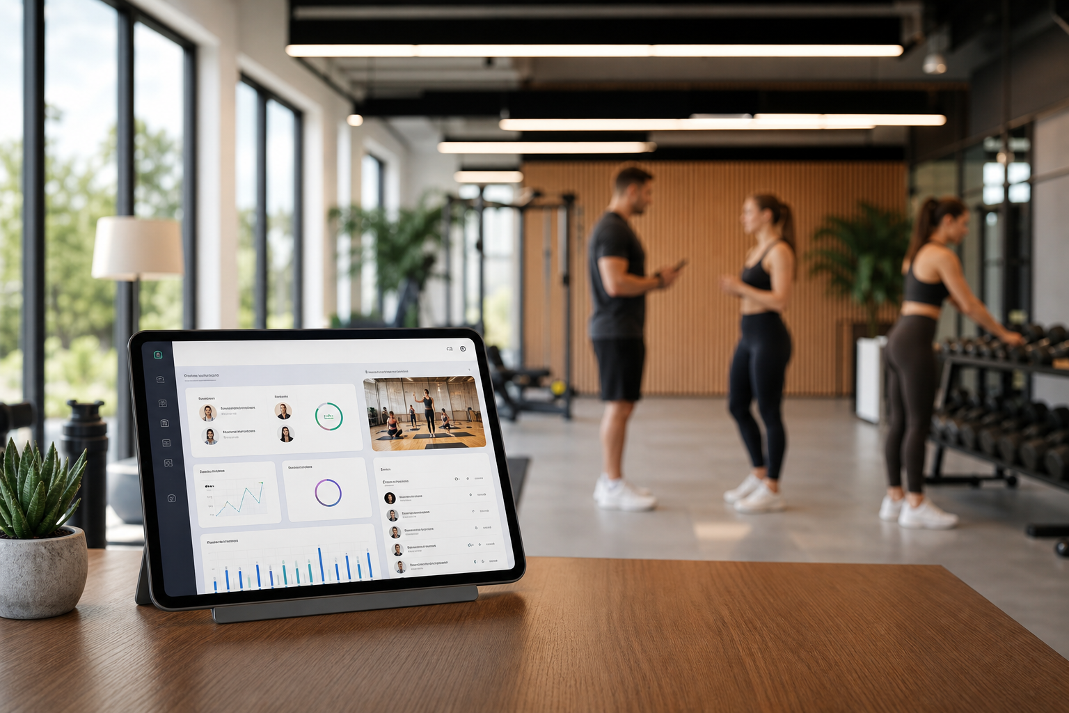 Gym studio with tablet showing management software