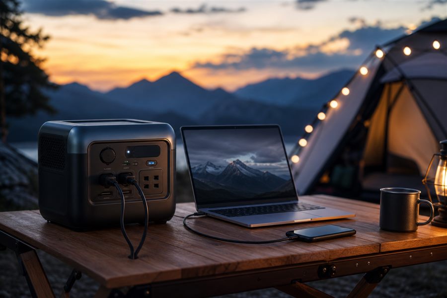 Portable power station charging a laptop and phone at a campsite at dusk