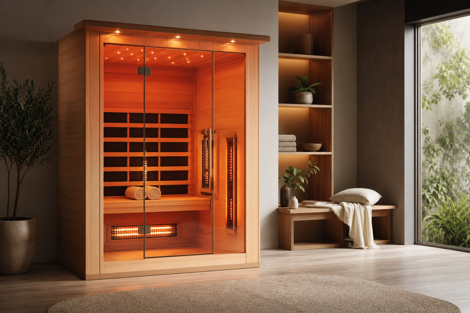 Modern home infrared sauna in a clean wellness room
